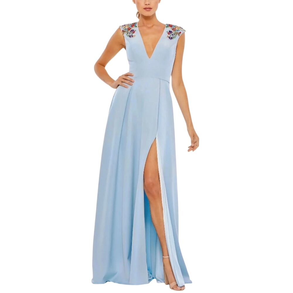 Mac Duggal 26540 Blue Evening Gown Beaded A-Line V-Neck Formal Dress Size 10